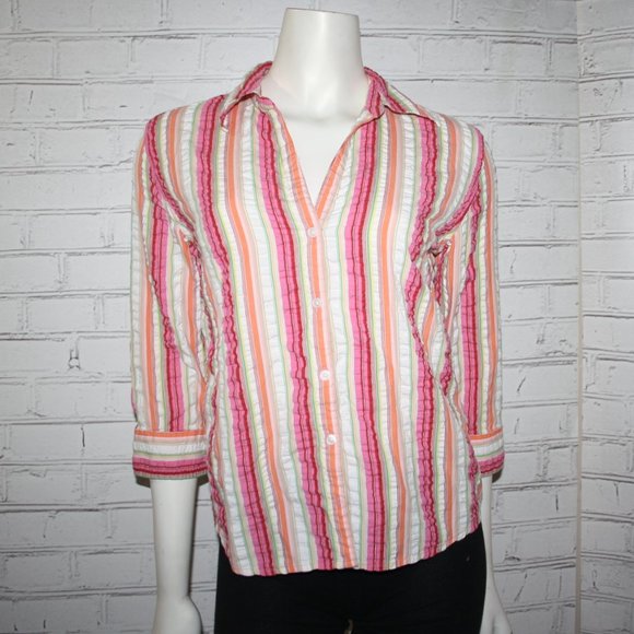 🌸💚 St. John’s Bay Button Down · Hot Pink + Green + White · Size S - Picture 1 of 5